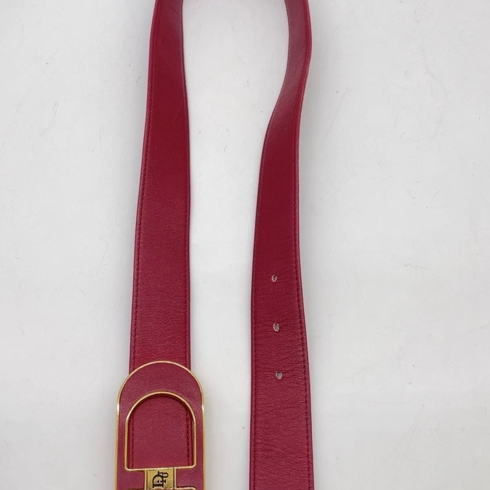Auth Christian Dior Golden D Logo Buckle Burgundy Red Leather Belt - Picture 10 of 10
